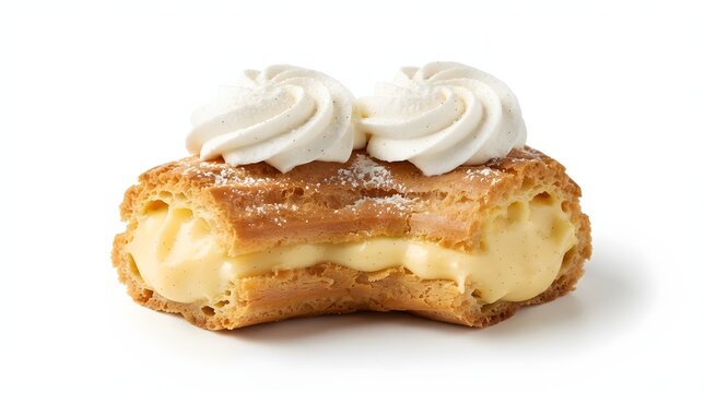 Cream puff eclair filled with vanilla custard and topped with whipped cream isolated on a plain white background