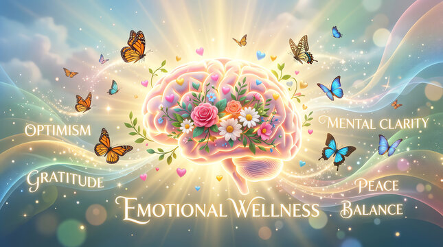 Conceptual illustration for world mental health day featuring a glowing human brain surrounded by butterflies and flowers