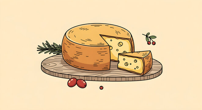 Hand drawn illustration of assorted cheese wheels and wedges on a wooden board for food packaging restaurant menus culinary branding and gourmet concepts