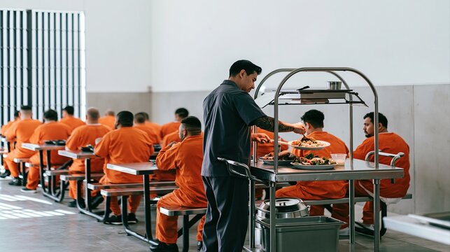 Prison cafeteria staff serving food to inmates in orange jumpsuits