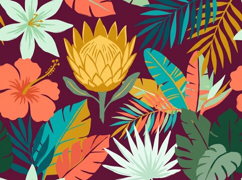Tropical seamless pattern with hibiscus and protea flowers, exotic jungle leaf background with palm fronds and monstera, vibrant botanical wallpaper for summer textile and fabric design.
