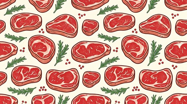 Seamless pattern with raw beef steak slices and fresh green rosemary herbs for food menu background design illustration