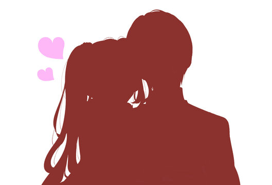 女性にくっつかれる男性　シルエット