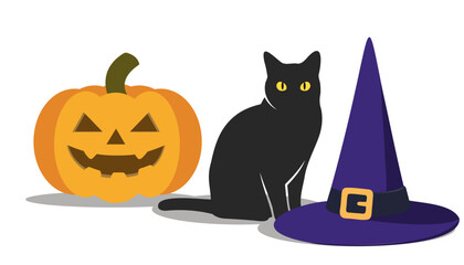 Fototapeta premium Halloween Elements Set with Carved Pumpkin, Black Cat, and Witch Hat Flat Vector Illustration