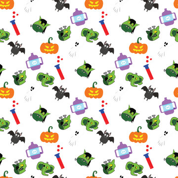 Seamless Halloween Spooky Monster Pattern Background, Cute Zombie Pets and Alchemy Potions Repeat Backdrop, Transparent Vector Texture