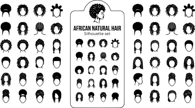 African Natural Hair Beauty Style Silhouette Set Black White Cultural Bundle Vector Illustration	