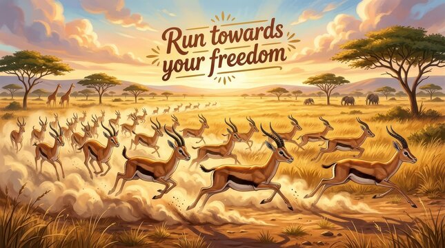 Gazelles running across the savanna landscape during sunset with acacia trees and a motivational quote 'Run towards your freedom'