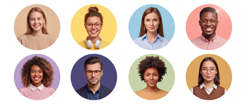User avatar portraits in round frames featuring diverse smiling multiracial men and women on colorful pastel backgrounds for website user profiles, team pages, and app design