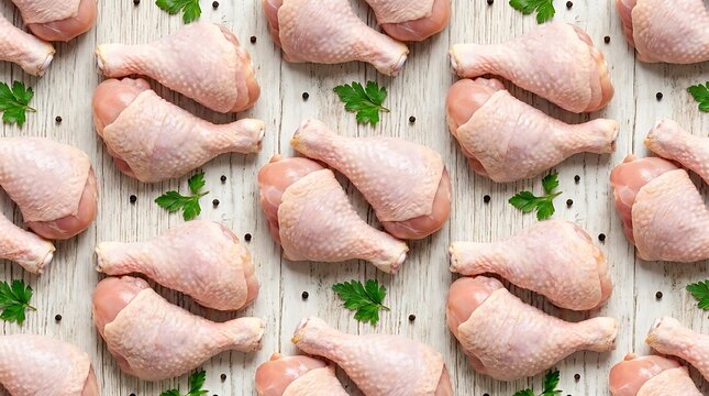 Raw chicken drumsticks with green herbs and black pepper arranged in a neat pattern on a rustic wooden table surface
