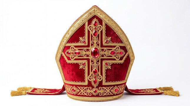 Ornate red velvet miter with gold embroidery and sparkling red gemstones displayed on white background