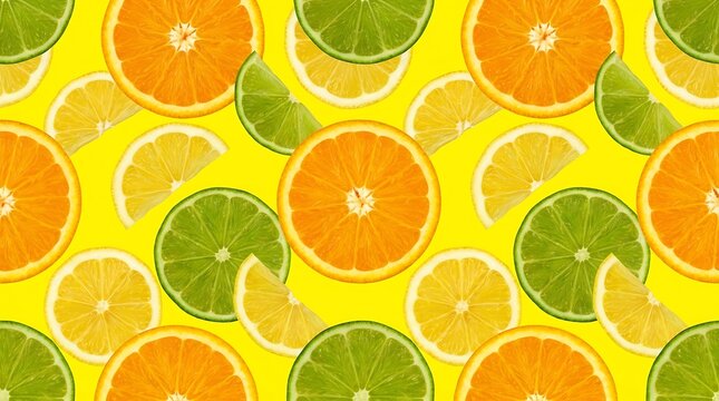 Seamless pattern with fresh orange and lime fruit slices on a bright yellow background for summer food design