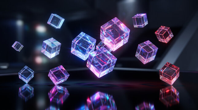 Futuristic glowing glass cubes floating dynamically in dark space with vibrant neon blue and pink lights reflecting below