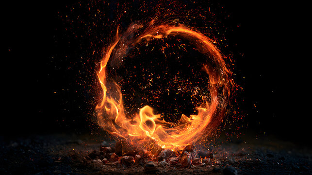 Glowing circular ring of orange and yellow fire flames with sparks against a dark background