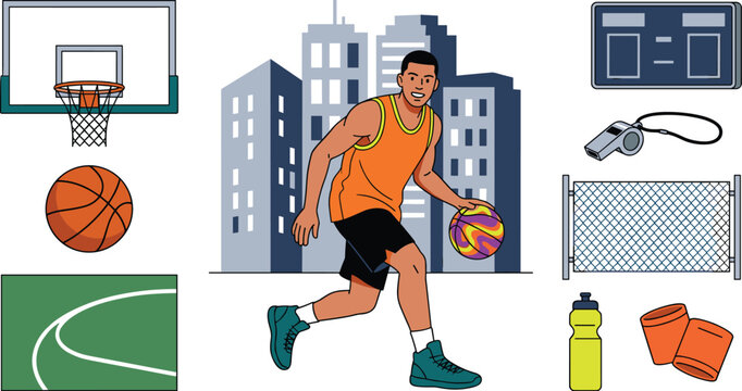 Smiling young male basketball player dribbling ball at street court with city skyline and match game elements, vector illustration.