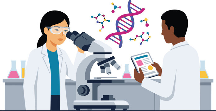 Two diverse scientists researching genetic DNA structure using microscope and digital tablet in modern laboratory setting, flat vector illustration.