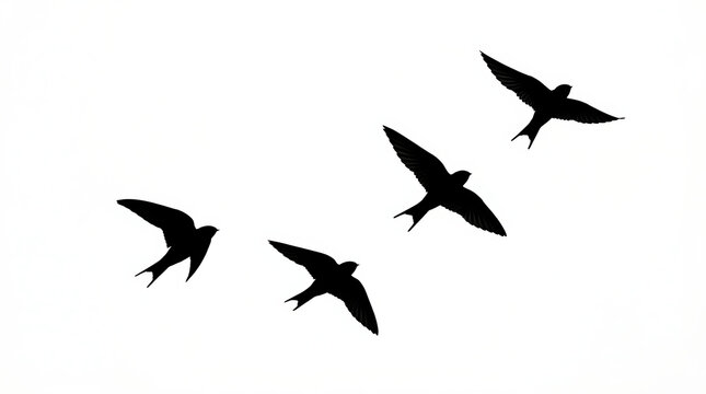 Four black birds flying in formation