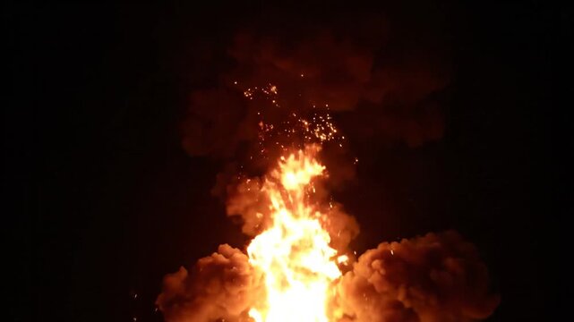 Dramatic explosion with bright fiery blast roaring flames and flying glowing sparks in dark night background