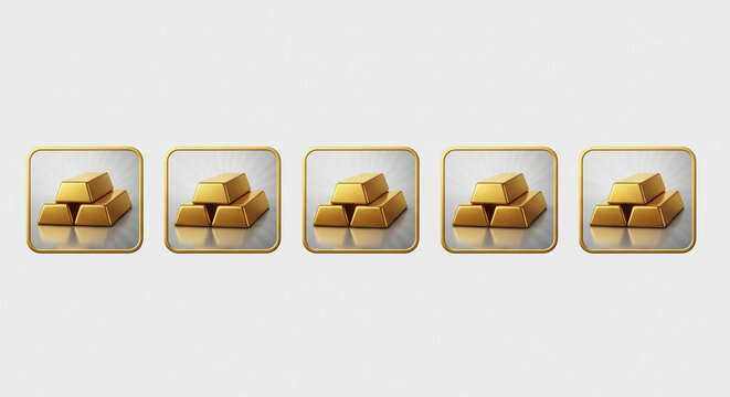 Multiple square application icons display shiny bullion stacks representing financial wealth and currency reserves within a digital interface designed for banking software and trading platforms