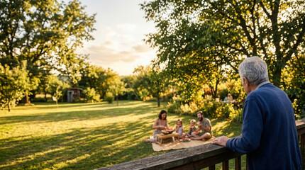 Fototapeta premium A joyful family gathering in a beautiful backyard surrounded by nature creating cherished memories together