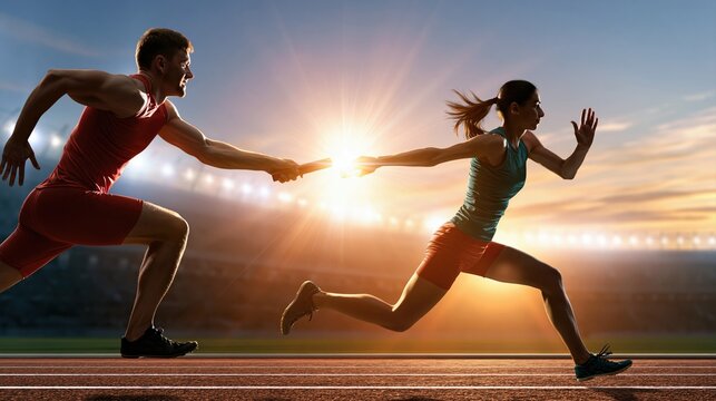 Two athletes holding relay baton together at sunrise