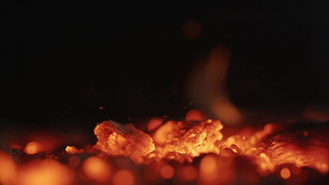 Exploding glowing hot coal ember firing sparks in fireplace macro