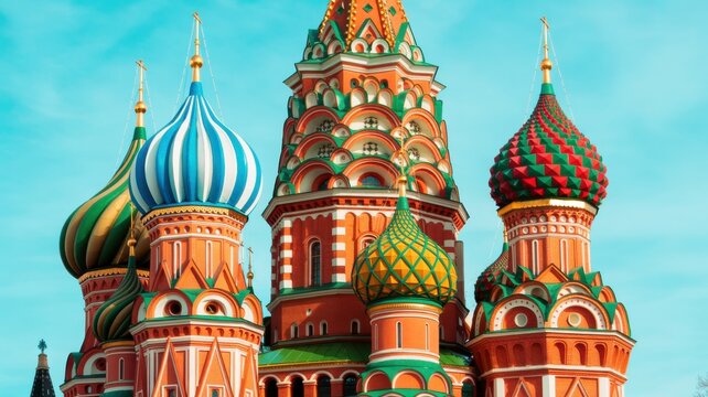 St. Basil's Cathedral colorful onion domes against blue sky in Moscow.