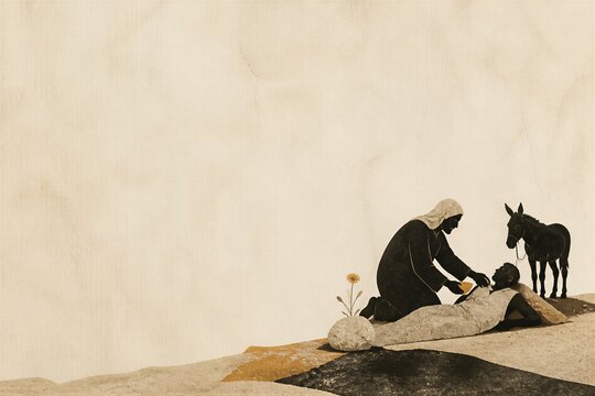 Good Samaritan helping an injured man beside a donkey on a desert road. Biblical parable about compassion, mercy, kindness, and humanitarian care. Religious art with copy space.