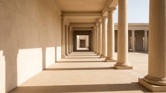 Classical stone pillars in a colonnade with long shadows and perspective view