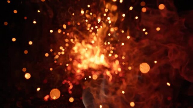 Explosion of fire with sparks and smoke on black background