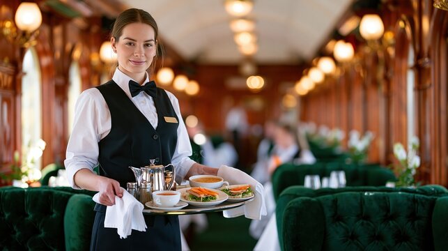 Waitress serving food on train dining car