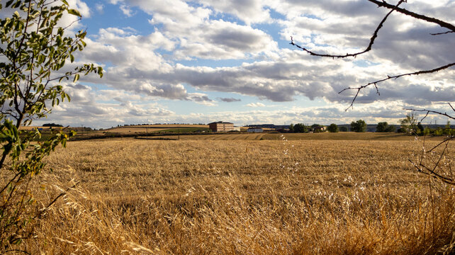 Paisaje rural de campo seco con edificios al fondo bajo cielo azul con nubes