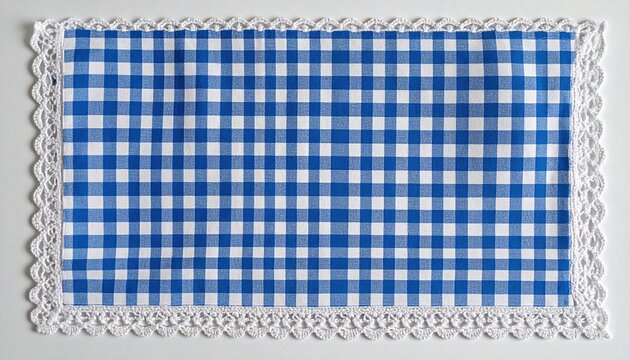 small rectangular blue gingham cloth napkin with crocheted lace edge, detailed woven cotton texture