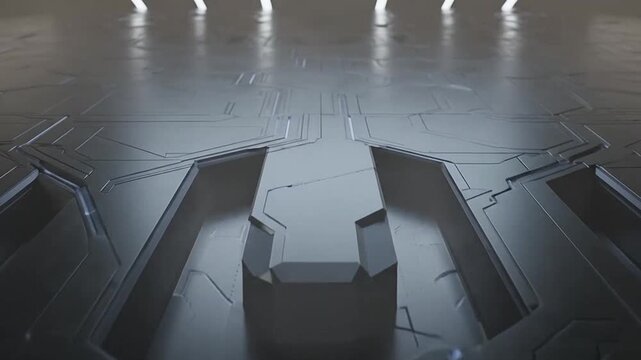 Futuristic metallic sci fi floor opening with glowing neon lights and smooth motion