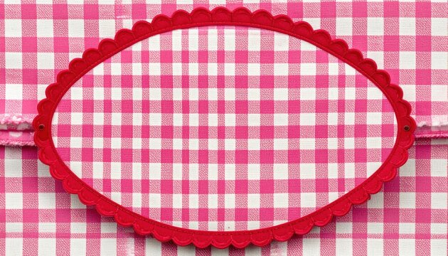 pink gingham checkered fabric label with solid red scalloped border, playful vintage textile branding