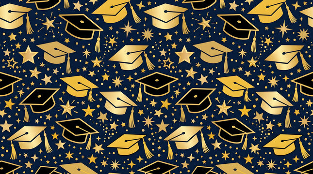 Dark navy graduation cap pattern with gold academic symbols for education backgrounds school textiles stationery and celebration designs