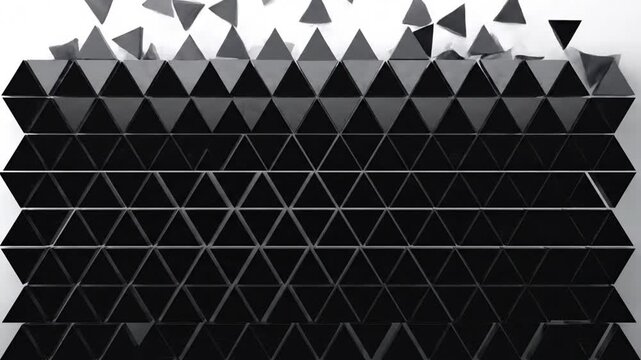 Abstract motion graphic with falling black triangles forming a geometric pattern on white background
