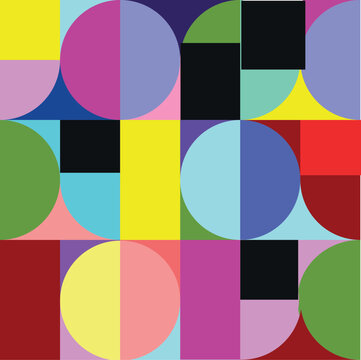 Colorful geometric seamless pattern background with cool pastel retro Bauhaus abstract circles and squares