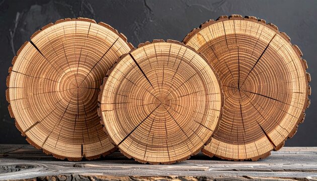 collection of three raw cracked oak timber rounds with organic tree rings, detailed wood grain, rustic natural material