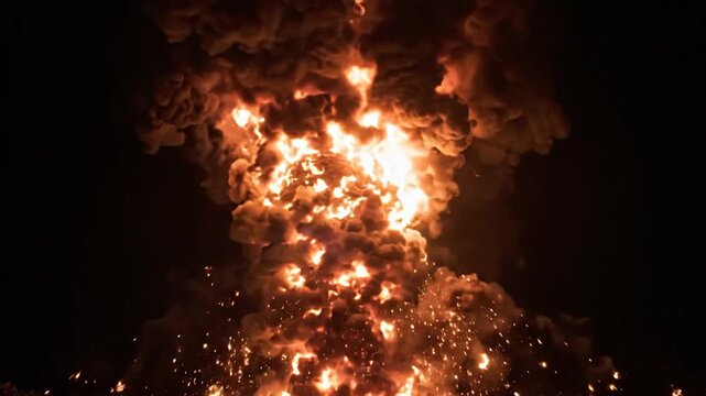 Fiery Explosion and Eruption with Glowing Magma and Flying Sparks in Dark Night