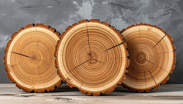 collection of three raw cracked oak timber rounds with organic tree rings, detailed wood grain, rustic natural material