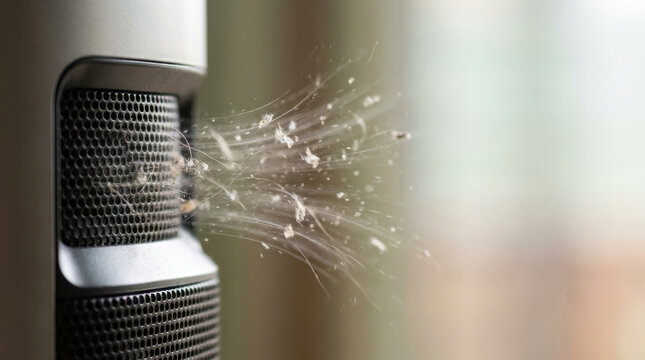 Pet dander and dust particles blowing out of black air vent grille in soft natural light