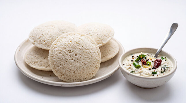 Traditional South Indian steamed rice cakes Idli served with coconut chutney isolated on white