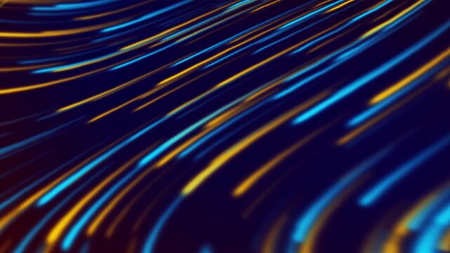 Flowing blue and yellow digital light trail lines creating a futuristic data stream