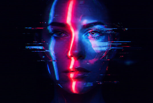 Futuristic female face with digital glitch effect, scan lines, and neon red and blue lighting for artificial intelligence concept