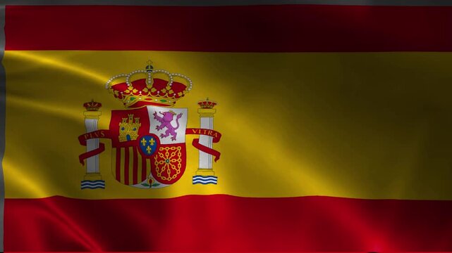 The national flag of spain waving gently in the wind with detailed coat of arms