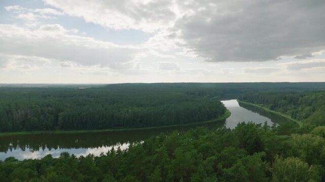 Aerial view of Nemunas river loop and dense forest near Birstonas, Lithuania