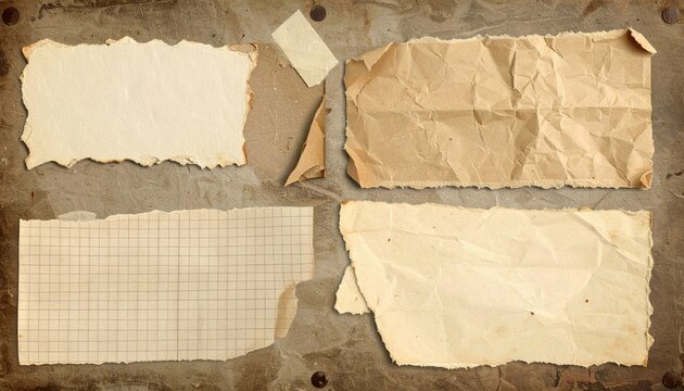 set of four vintage paper scraps including torn kraft sheet, handmade paper, crumpled note and ripped grid paper, aged scrapbook composition