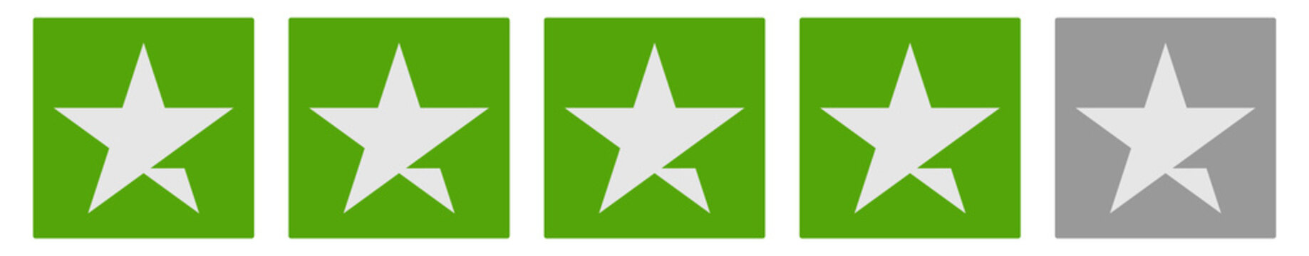five star rating icon vector, five square rating cells with four green stars and one gray inactive star, review score evaluation satisfaction and quality assessment graphic