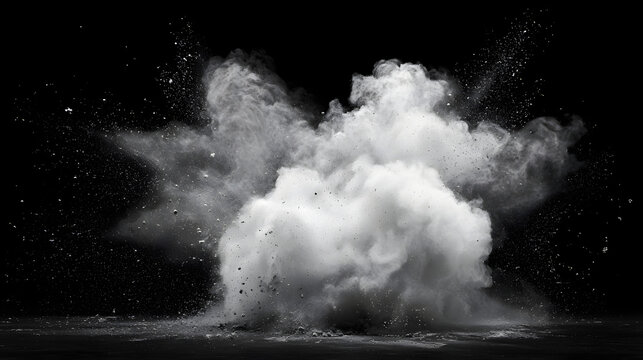 High-speed effect of a white powder or dust explosion with burst and flying debris. Dynamic high speed impact conceptagainst a solid black background