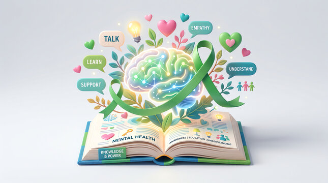 An open pop up book featuring a brain and green ribbon for world mental health day awareness